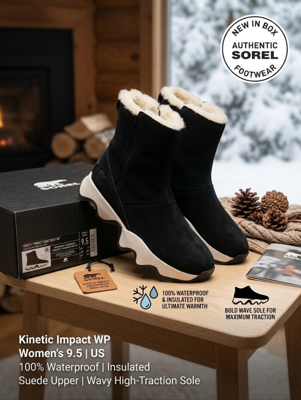 SOREL Kinetic Impact Short Boot WP Black Sea Salt Suede Winter Boots 9.5 NIB